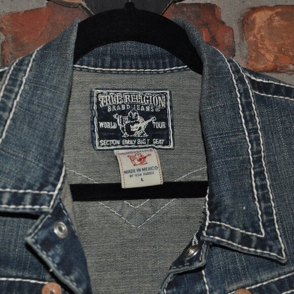 True Religion Blue Denim Sleeveless Jacket Jean Vest Emily Big T Bold Stitch L - Picture 5 of 7